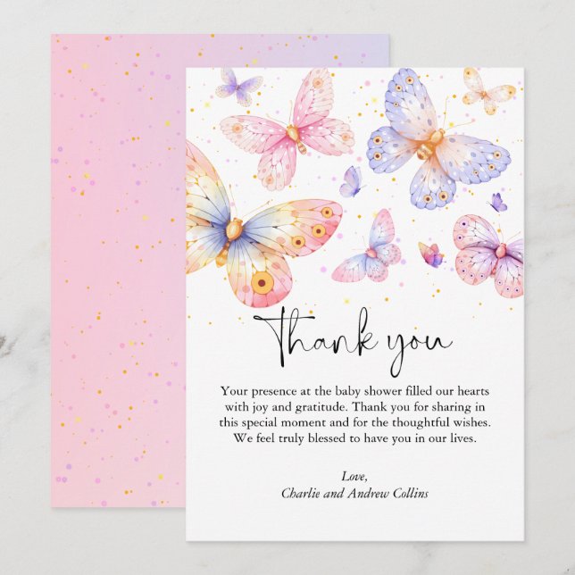 Pink Purple Butterfly Girl Baby Shower Thank You Card (Front/Back)