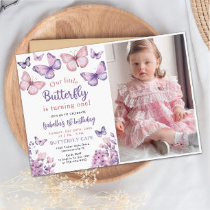 Pink Purple Butterfly Girl First Birthday Photo Invitation