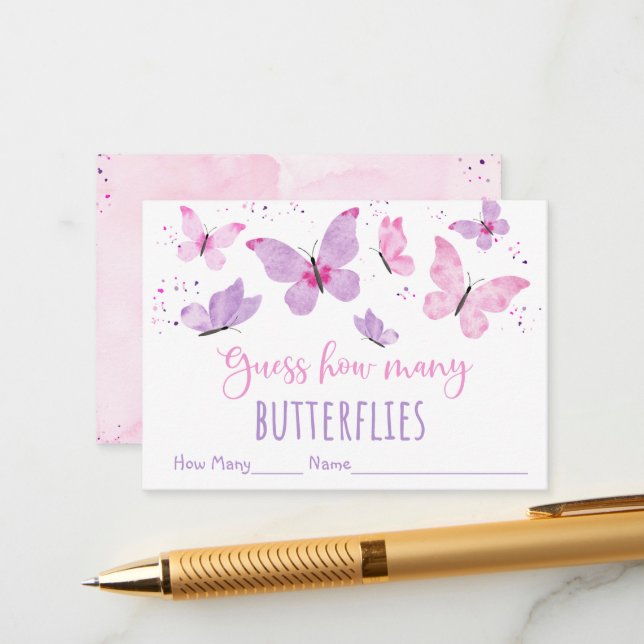Pink Purple Butterfly Guess How Many Game Enclosure Card (Front/Back In Situ)