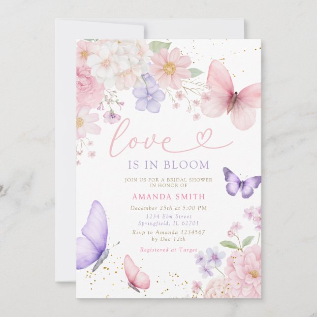 Pink Purple Butterfly Love In Bloom Bridal Shower Invitation (Front)