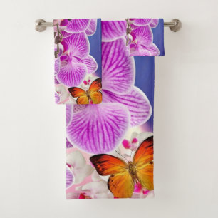 Pink purple butterfly orchid flower watercolor bath towel set