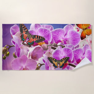 Pink purple butterfly orchid flower watercolor beach towel