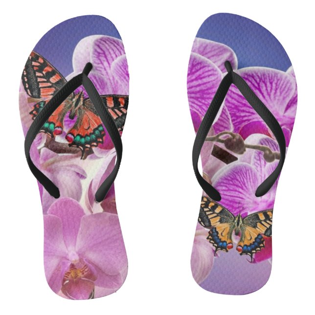 Pink purple butterfly orchid flower watercolor flip flops (Footbed)