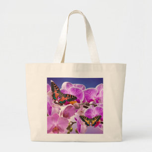 Pink purple butterfly orchid flower watercolor large tote bag