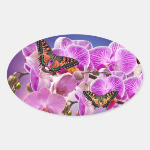 Pink purple butterfly orchid flower watercolor oval sticker
