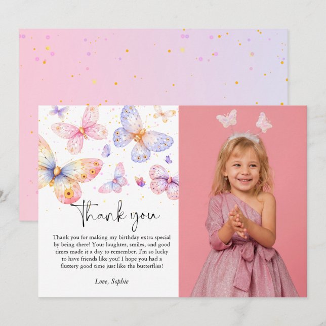 Pink Purple Butterfly Photo All Ages Birthday  Thank You Card (Front/Back)