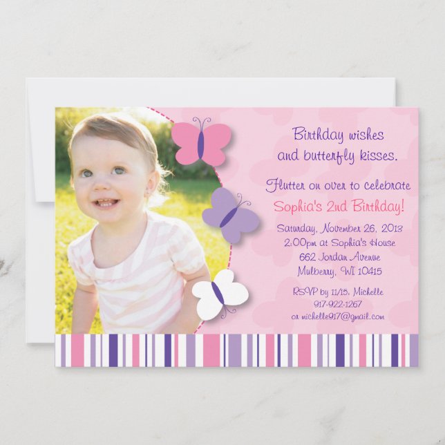 Pink & Purple Butterfly Photo Birthday Invitation (Front)