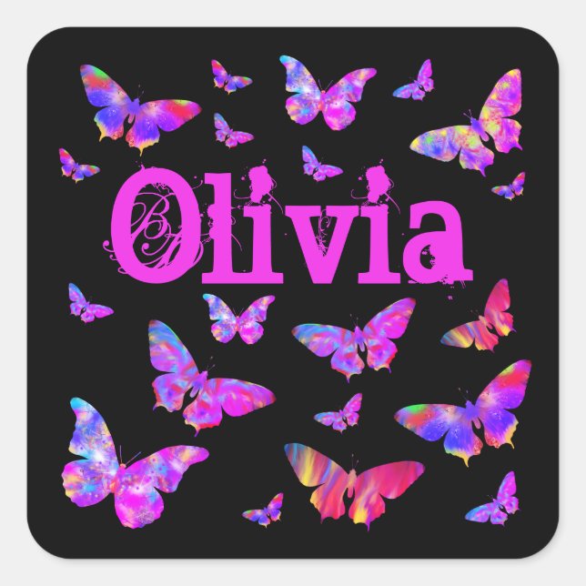 Pink & Purple Butterfly Pop Art Olivia Add Name Square Sticker (Front)