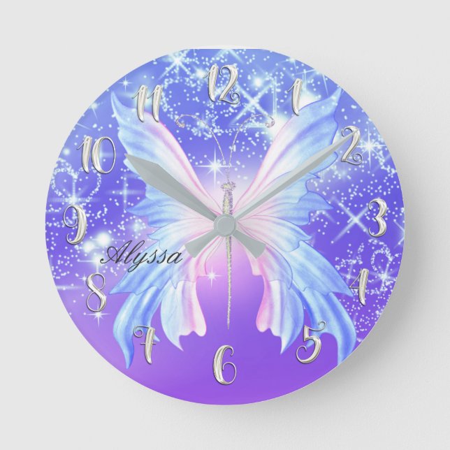 Pink Purple Butterfly Sparkle Girly Personalised Round Clock (Front)