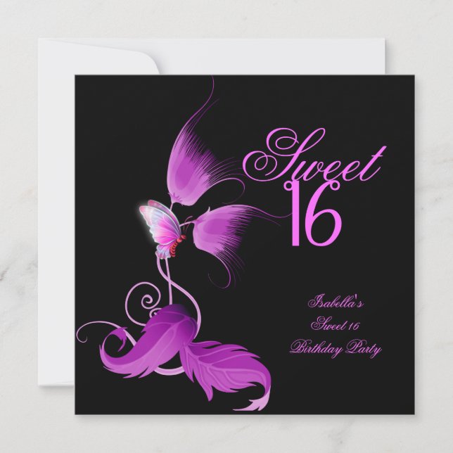 Pink Purple Butterfly Sweet 16 Sixteen Party Invitation (Front)