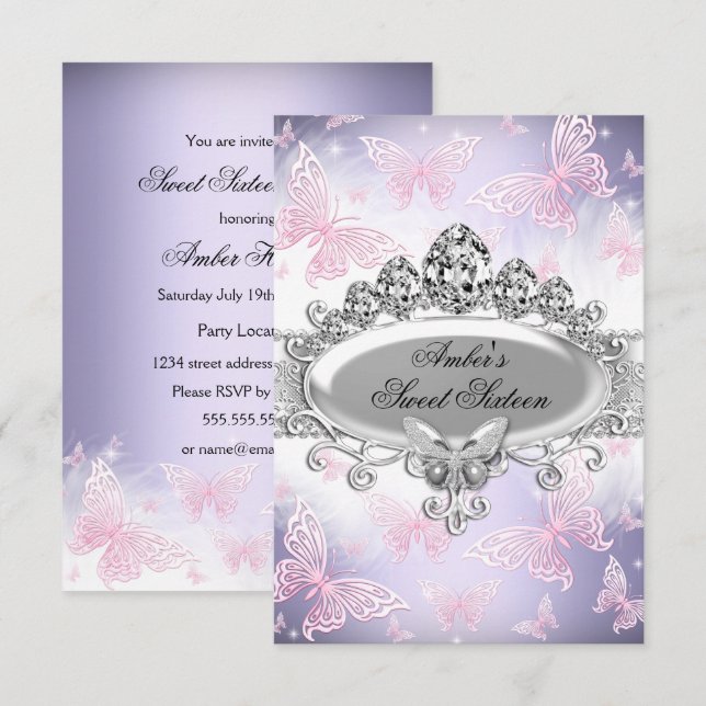Pink & Purple Butterfly Sweet Sixteen Invite (Front/Back)