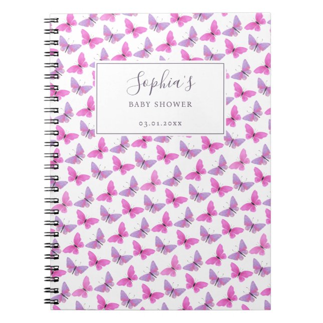 Pink Purple Butterfly Watercolor Guestbook Notebook (Front)