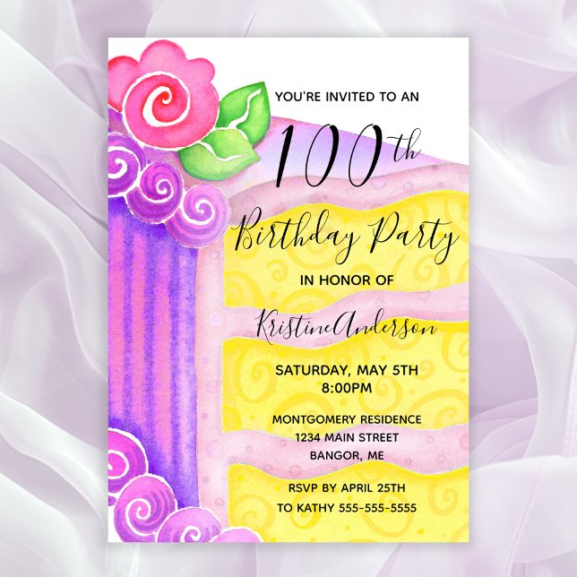 Pink Purple Cake Floral 100th Birthday Party  Invitation (100th Birthday Party invitation with a piece of cake decorated with pink roses and frosting)