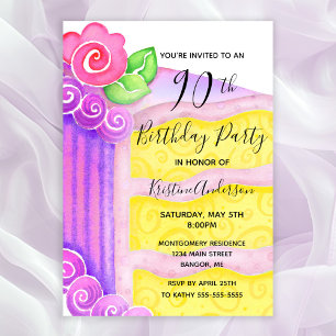 Pink Purple Cake Floral 90th Birthday Party  Invitation