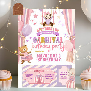  Pink Purple Carnival Circus Girl Birthday Invitation