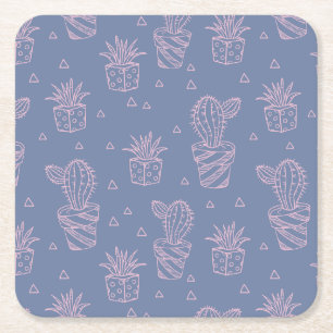 Pink & Purple Cartoon Cactus Pattern Square Paper Coaster