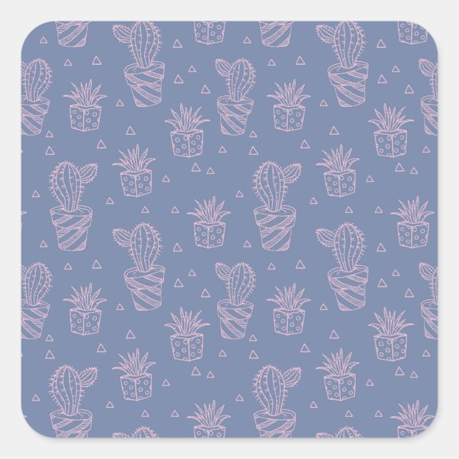 Pink & Purple Cartoon Cactus Pattern Square Sticker (Front)