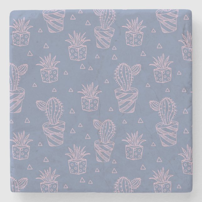 Pink & Purple Cartoon Cactus Pattern Stone Coaster (Front)
