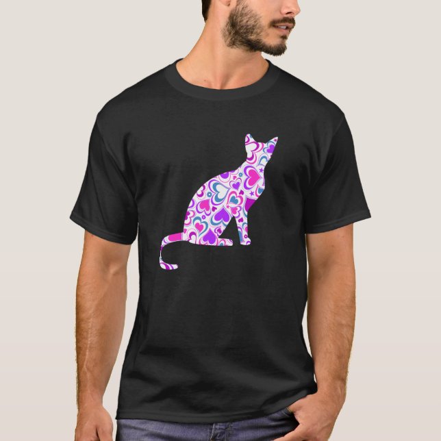 Pink Purple Cat with Hearts, Pretty Cat Long Sleev T-Shirt (Front)