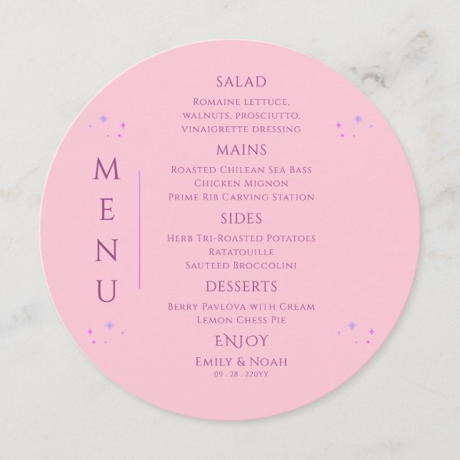 Pink Purple Celestial Star Wedding Menu (Front)