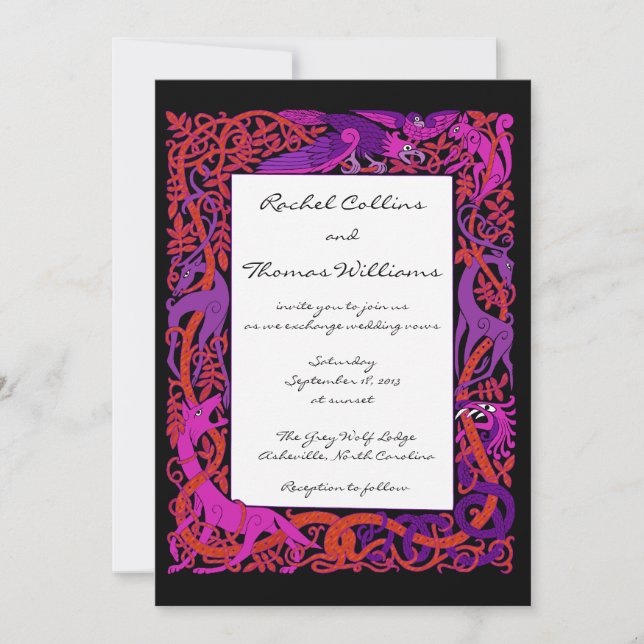 Pink & Purple Celtic Animals Wedding Invitation (Front)