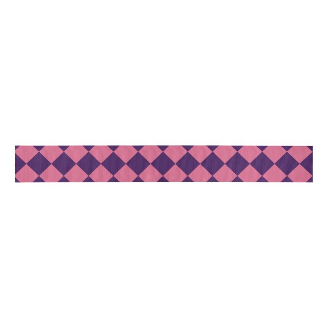 Pink Purple Chequered Diamond Pattern Grosgrain Ribbon (Front)
