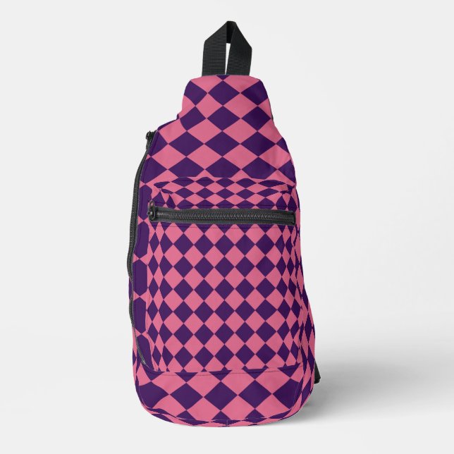 Pink Purple Chequered Diamond Pattern Sling Bag (Front)