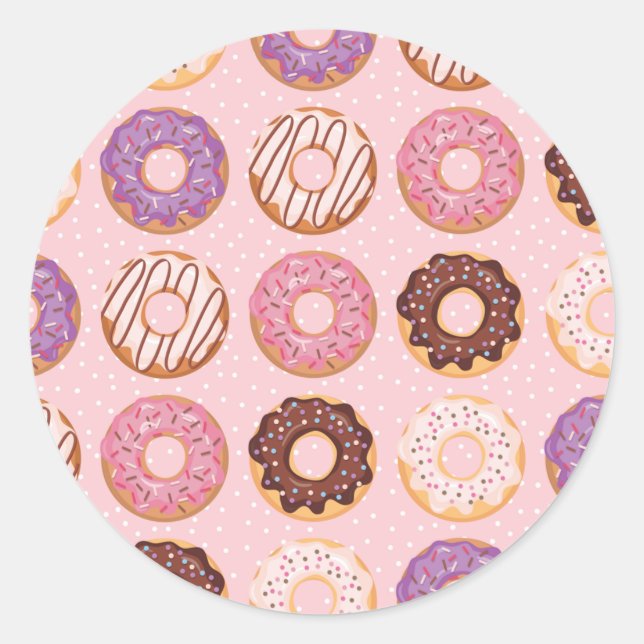 Pink, Purple, Chocolate Iced Doughnuts Bakery Trea Classic Round Sticker (Front)