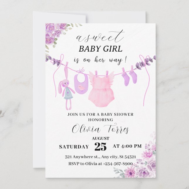 Pink,purple Clothesline Girl Baby Shower  Invitation (Front)