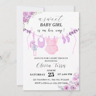 Pink,purple Clothesline Girl Baby Shower  Invitation