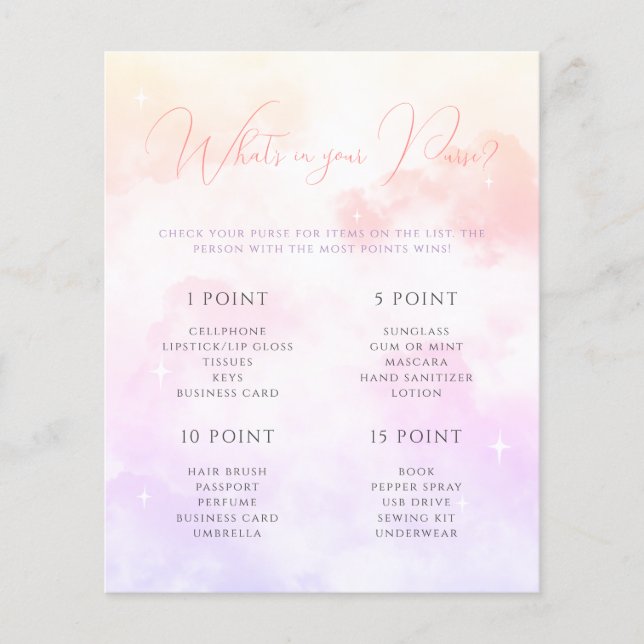 Pink Purple Cloud Nine What's in your Purse Game (Front)