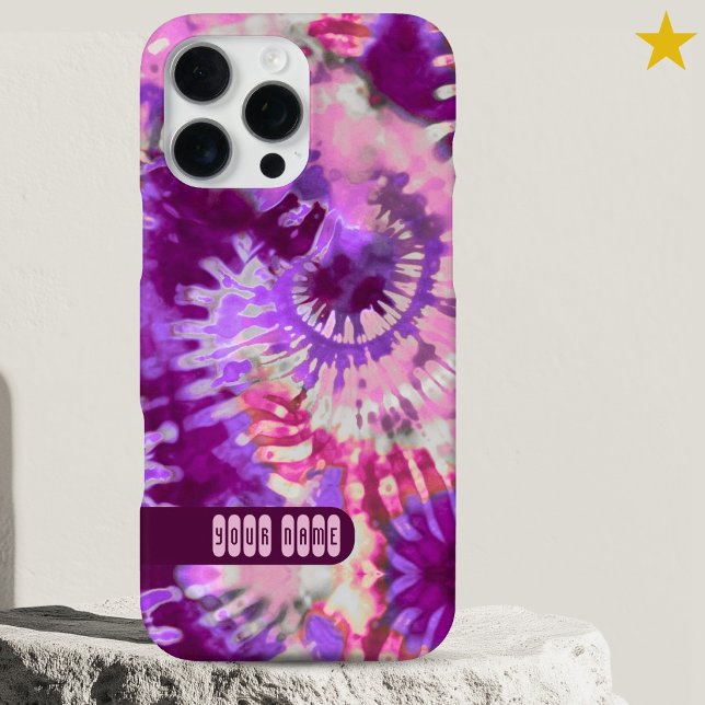 Pink Purple Colourful Tie Dye Custom Name Retro  iPhone Case (Creator Uploaded)