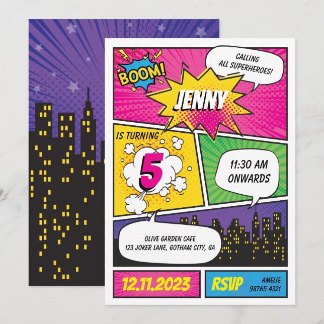 Pink Purple Comic Superhero Birthday Invitation (Front/Back)