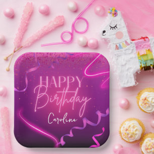 Pink Purple Confetti Neon Lights Happy Birthday Paper Plate