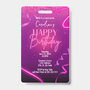 Pink Purple Confetti Neon Surprise Birthday Party ID Badge
