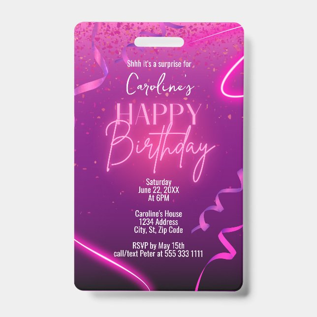 Pink Purple Confetti Neon Surprise Birthday Party ID Badge (Front)
