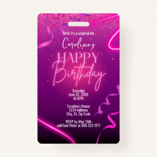 Pink Purple Confetti Neon Surprise Birthday Party ID Badge