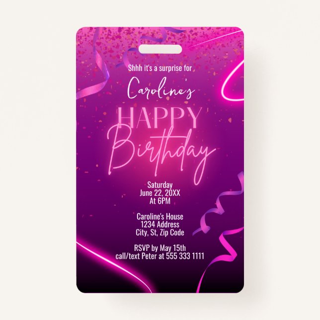 Pink Purple Confetti Neon Surprise Birthday Party ID Badge (Front)