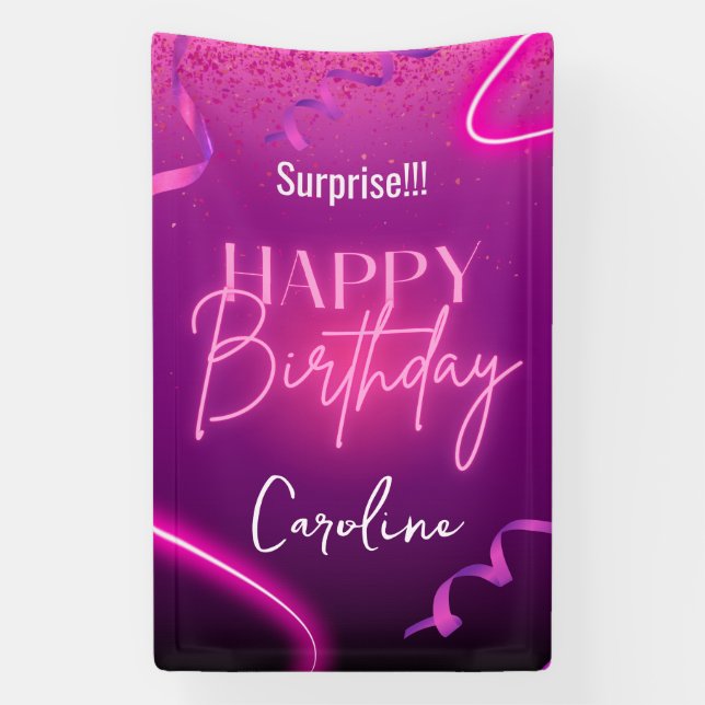 Pink Purple Confetti Neon Surprise Happy Birthday  Banner (Vertical)