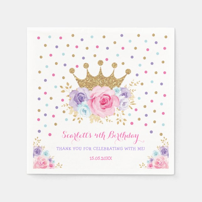 Pink Purple Crown Princess Royal Birthday Party Napkin (Front)