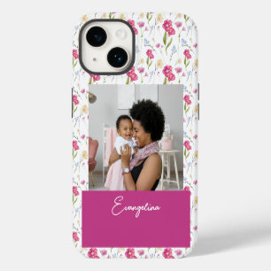 Pink Purple Custom Name Watercolor Wildflower iPhone 14 Case