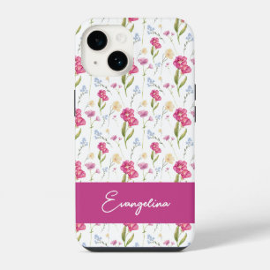 Pink Purple Custom Name Watercolor Wildflower iPhone 14 Case