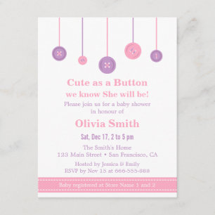 Pink Purple Cute as a Button Baby Shower Invitation