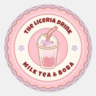 Pink & Purple Cute Boba Milk Tea Logo  Classic Round Sticker