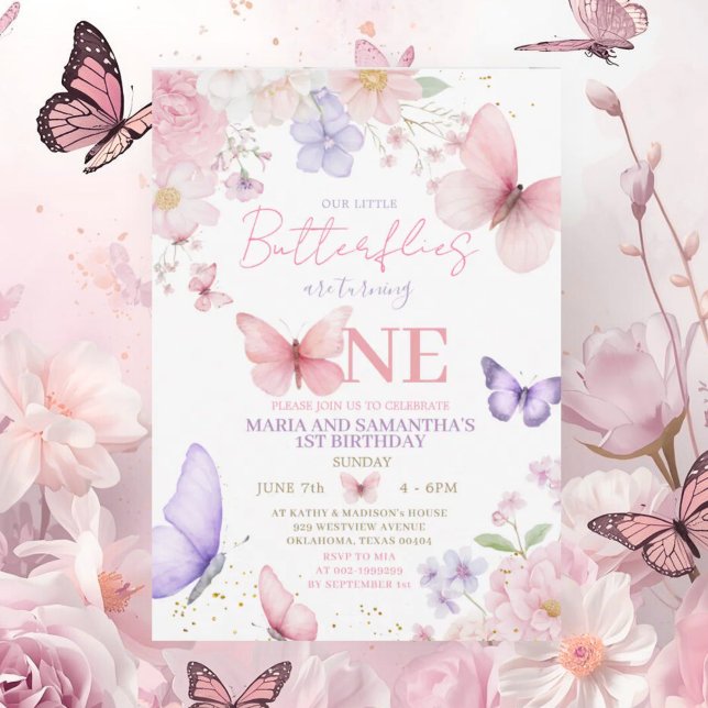 Pink Purple Cute Butterfly Twin Girl 1st Birthday Invitation (Creator Uploaded)