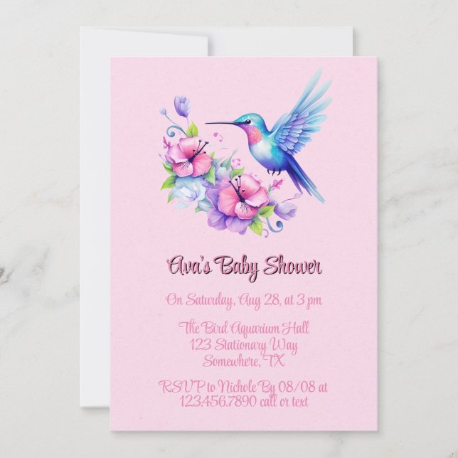 Pink Purple Cute Hummingbird Girl Baby Shower Invitation (Front)