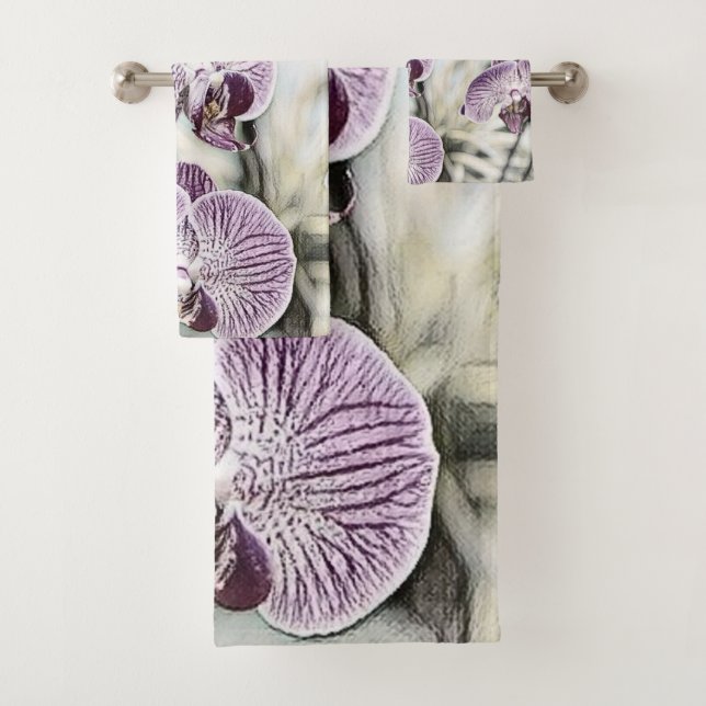 Pink purple cute orchid flowers drawing  bath towel set (Insitu)