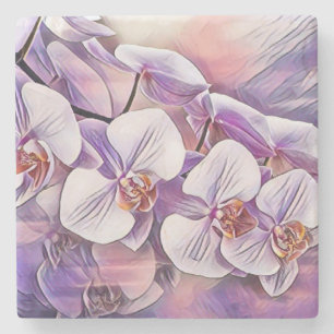 Pink purple cute orchid flowers drawing  stone coaster