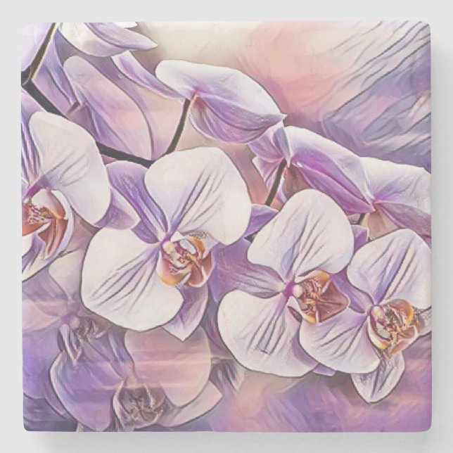 Pink purple cute orchid flowers drawing  stone coaster (Front)