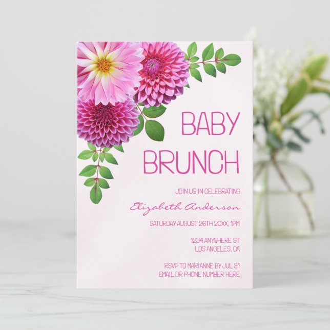 Pink Purple Dahlia Girl Baby Brunch Invitation (Standing Front)